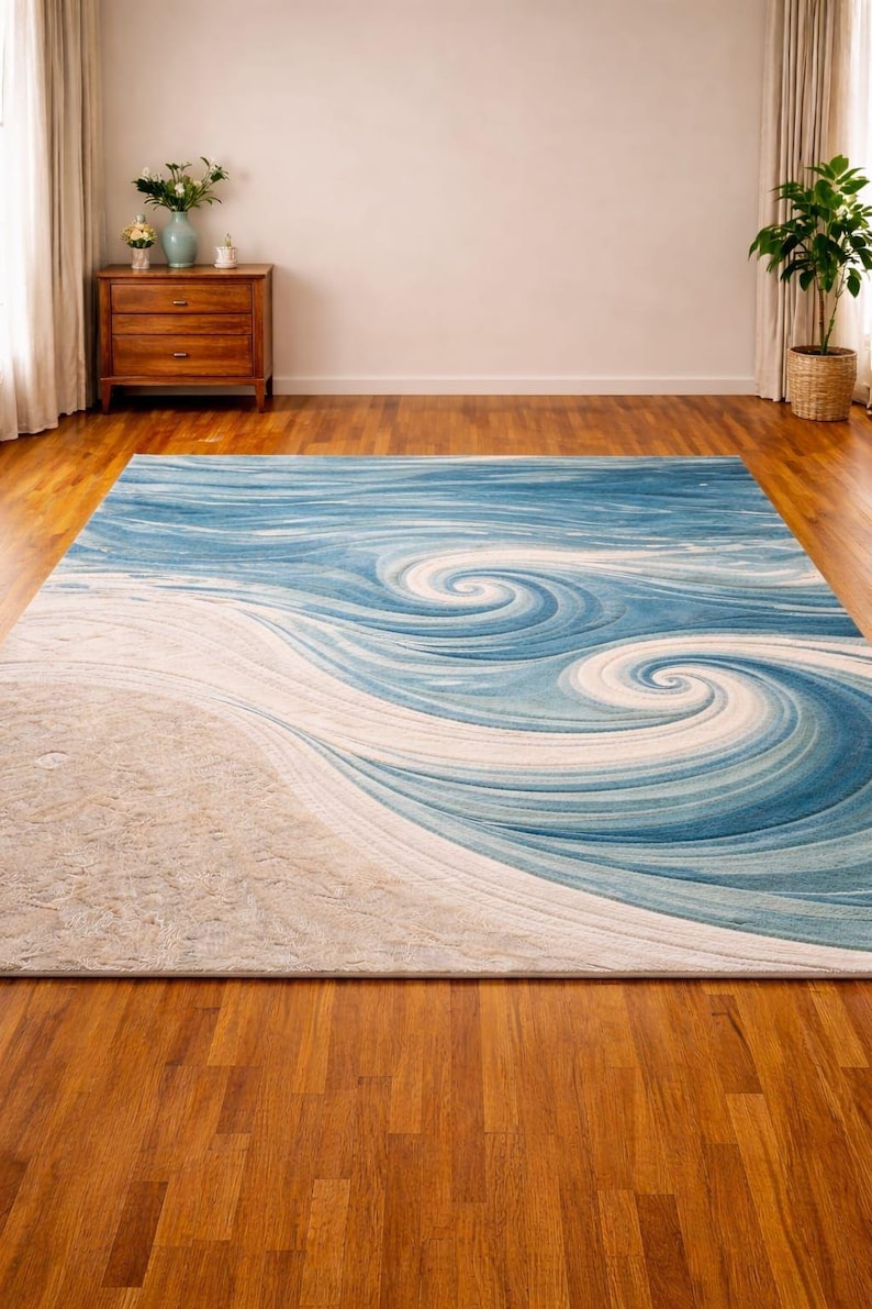 Coastal Ocean Wave Area Rug | Hand Tufted Blue & Sand Wool Carpet - Etsy