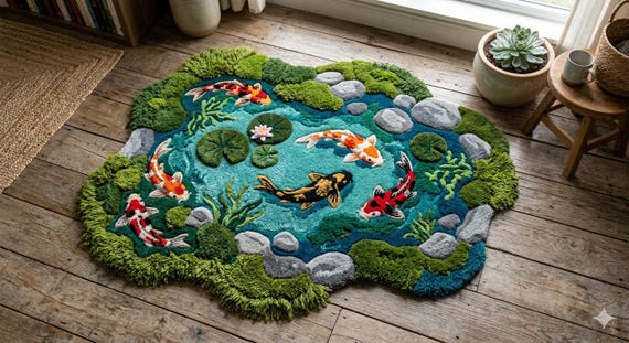 3D Tufted Koi Pond Moss Rug | Handmade Irregular Nature-Inspired Carpet for Living Room & Bedroom