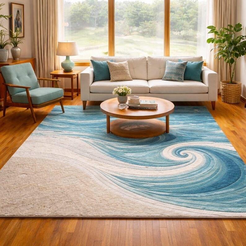 Coastal Ocean Wave Area Rug | Hand Tufted Blue & Sand Wool Carpet - Etsy