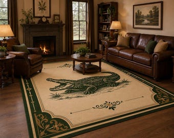 Alligator Area Rug, Crocodile Living Room Rug, Wildlife Animal Carpet, Vintage Green Border