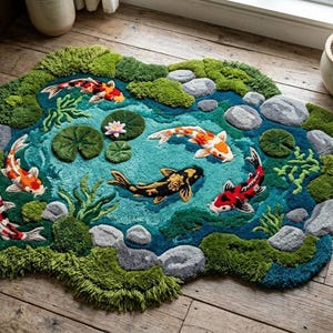 May include: A whimsical, hand-tufted rug shaped like a koi pond. The rug features colorful koi fish, lily pads, and aquatic plants on a teal and blue background, surrounded by green moss-like edging. Decorative home decor.