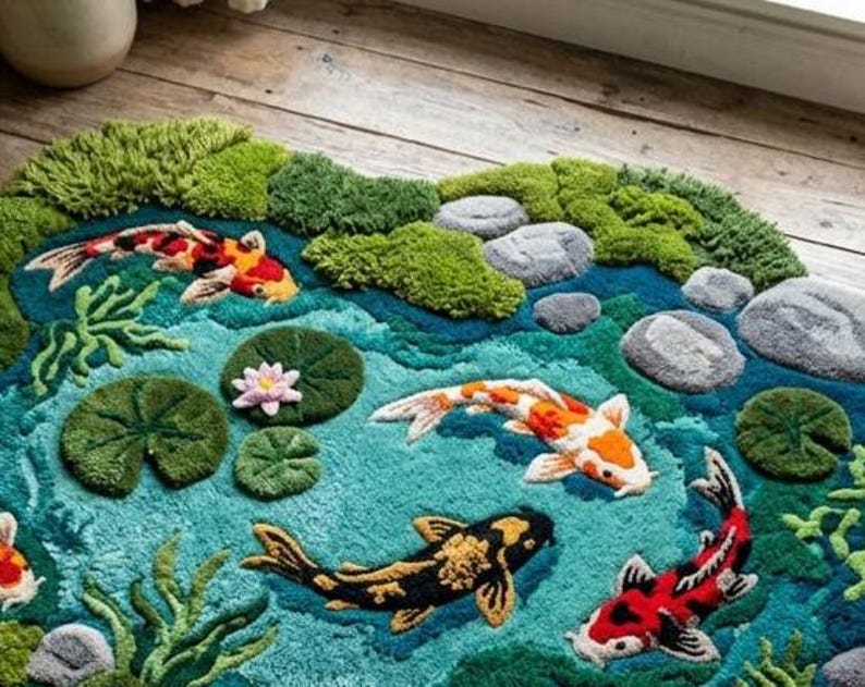 May include: A detailed rug featuring a pond scene with koi fish, lily pads, and rocks. The rug has a teal background with green, orange, black, and white koi fish. Green moss-like tufts and gray rocks add dimension to the design.