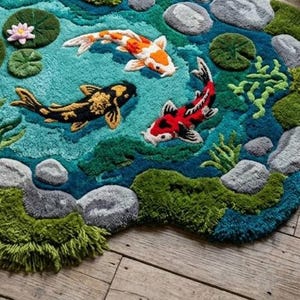 May include: A colorful, handcrafted rug featuring a pond scene with three koi fish. The rug has a teal blue background with green lily pads, rocks, and aquatic plants. The koi fish are orange and white, black and gold, and red and white.