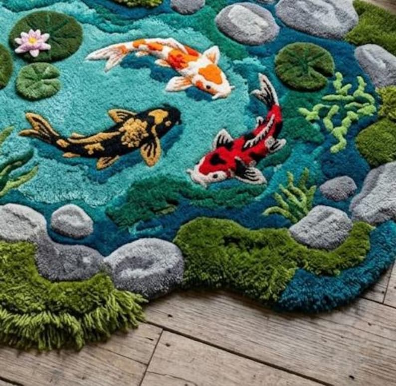 May include: A colorful, handcrafted rug featuring a pond scene with three koi fish. The rug has a teal blue background with green lily pads, rocks, and aquatic plants. The koi fish are orange and white, black and gold, and red and white.