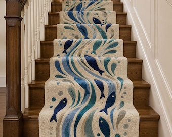 Hand-Tufted Wool Fish Runner Rug, Coastal Ocean Wave Hallway Carpet