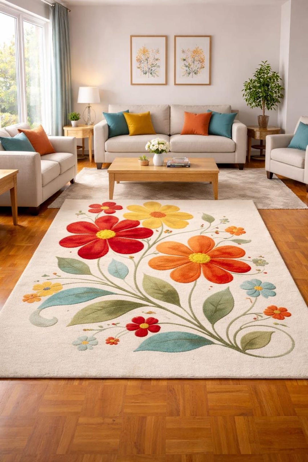 Modern Floral Area Rug, Colorful Tufted Botanical Living Room Carpet - Etsy