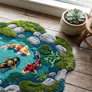 May include: A decorative rug featuring a pond scene with three koi fish in shades of orange, black, and red. The rug has a blue and green water design with rocks and moss accents. A succulent plant in a pot is in the background.