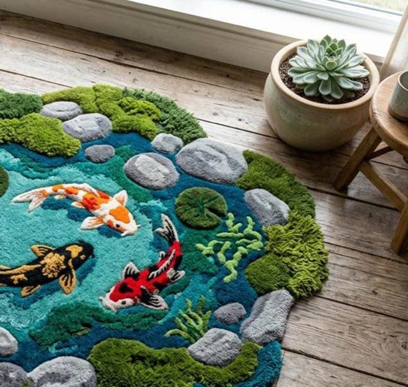 May include: A decorative rug featuring a pond scene with three koi fish in shades of orange, black, and red. The rug has a blue and green water design with rocks and moss accents. A succulent plant in a pot is in the background.