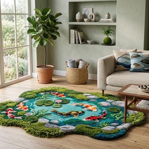 May include: A colorful, handcrafted rug shaped like a koi pond. The rug features a blue pond with koi fish, lily pads, and green moss-like edges. The rug is placed in a living room with a sofa, coffee table, and large window.