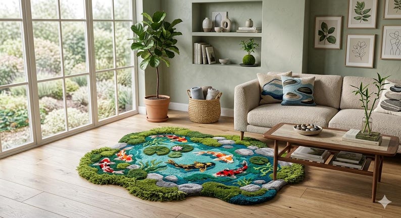 May include: A colorful, handcrafted rug shaped like a koi pond. The rug features a blue pond with koi fish, lily pads, and green moss-like edges. The rug is placed in a living room with a sofa, coffee table, and large window.