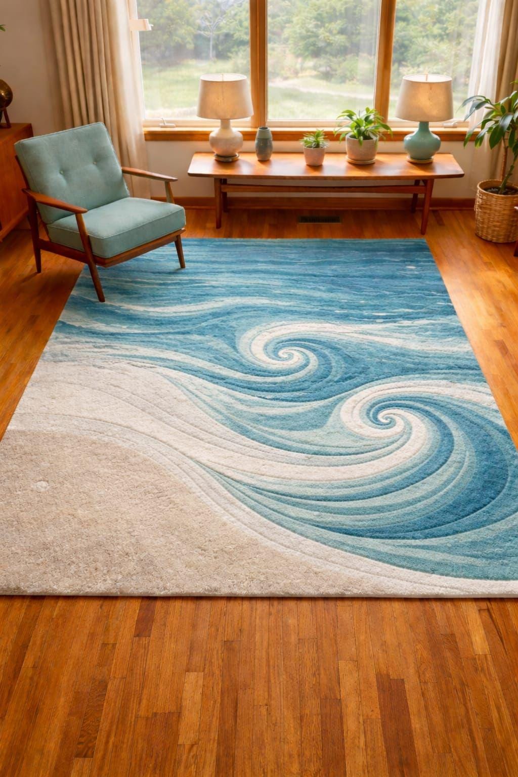 Coastal Ocean Wave Area Rug | Hand Tufted Blue & Sand Wool Carpet - Etsy