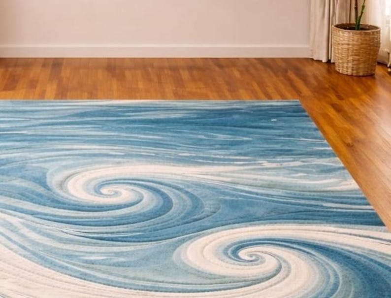 Coastal Ocean Wave Area Rug | Hand Tufted Blue & Sand Wool Carpet - Etsy