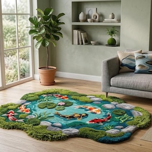 May include: A unique, handcrafted rug shaped like a koi pond. The rug features a vibrant design with colorful koi fish, lily pads, and rocks, surrounded by a green, textured border. The rug is a decorative accent for a living room.
