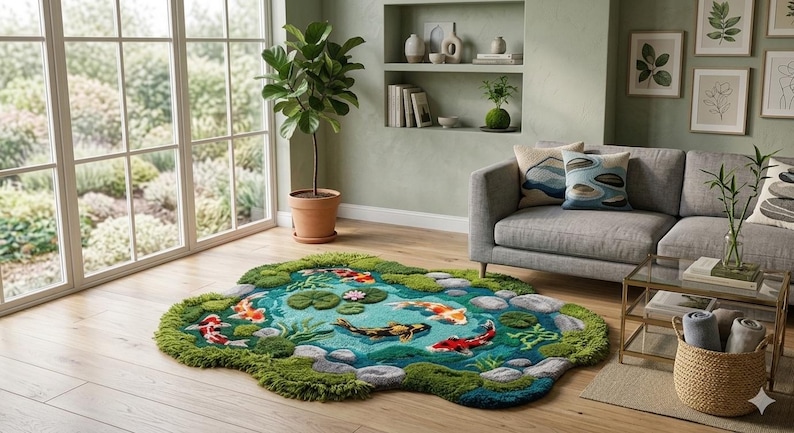 May include: A unique, handcrafted rug shaped like a koi pond. The rug features a vibrant design with colorful koi fish, lily pads, and rocks, surrounded by a green, textured border. The rug is a decorative accent for a living room.