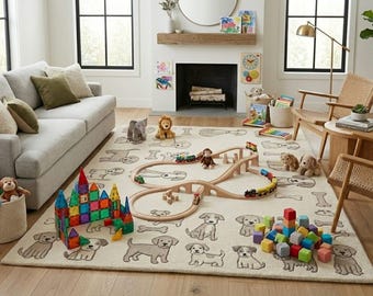 Puppy Nursery Rug, Dog Kids Room Neutral Area Rug, Tufted Carpet, Baby
