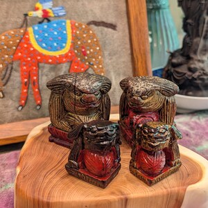Antique Chinese Gilt Wood Carved Foo Dog Family Set, Red Lacquer Guardian Lions (4-Piece)