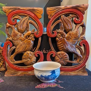 Pair-Antique Chinese Gilt Wood Carvings, Foo Dogs Rolling Silk Ball, Qing Dynasty Architectural Panel