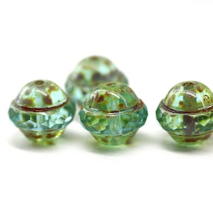 Cuentas Saturno de cristal checo Picasso azul verdoso: forma de platillo OVNI (4 piezas)