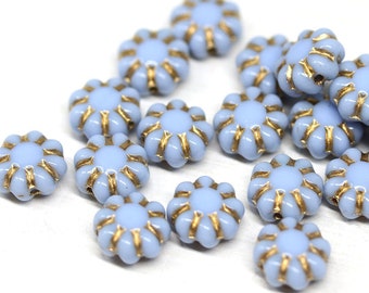 9mm blue daisy flower beads, Golden inlays, czech glass floral beads 20Pc - 1596