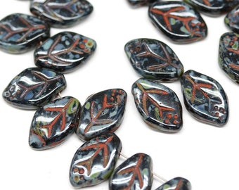 50pc Black leaf beads, 12x7mm Czech glass pressed top drilled leaves, Picasso beads - 1468