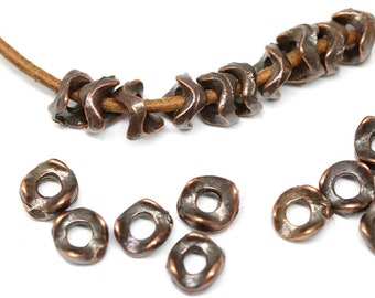 6mm Copper spacer rondelle beads, Organic chunky rondels, Greek metal casting, 2mm hole for leather cord, 20pc - F383