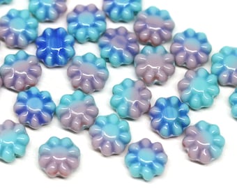Blue pink Flower beads, 9mm czech glass flat daisy floral beads, pink blue pressed beads, 30Pc - 3058
