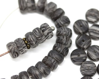 40pc Black striped rondelle beads, 6x3mm pressed czech glass spacers, Matte finish rondels - 0513