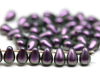 Tiny metallic purple teardrops, Czech glass pressed drops 4x6mm - 50pc - 2978