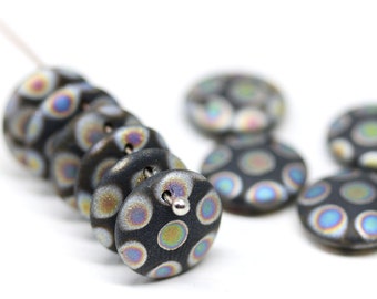 12mm Black lentil beads, AB decor czech glass top drilled round beads 10Pc - 0238