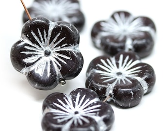 Cuentas de cristal checo negro con forma de flor y baño de plata (22 mm, 3 unidades)