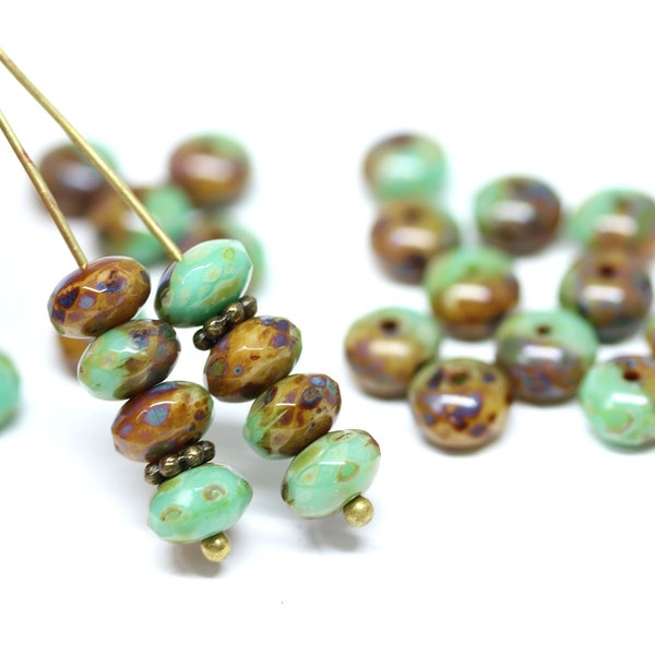 Turquoise green rondel beads, Picasso Czech glass rondelle spacers, Mixed green brown gemstone cut fire polished faceted beads 5x7mm - 2576