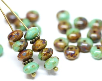 Perline rondelle in vetro ceco Picasso color turchese: distanziatori sfaccettati misti verde-marrone (5 x 7 mm, 20 pezzi)