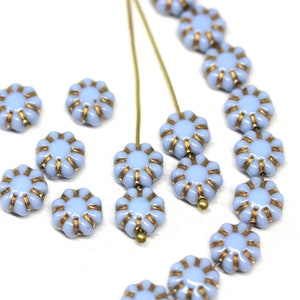 9mm blue daisy flower beads, Golden inlays, czech glass floral beads 20Pc 1596 image 2