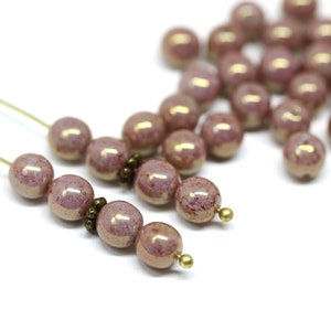 Dusty pink 6mm czech glass round beads, Goldish luster, druk pressed beads spacers 50Pc 1116 image 1