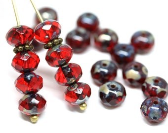 4x7mm Dark red czech glass rondelle beads, Picasso fire polished gemstone cut faceted spacers - 25pc - 1796