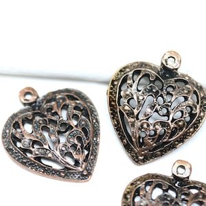 4pc Filigree heart charms, Antique copper large Heart pendant beads, Greek metal casting boho jewelry charms - F058