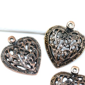 4pc Filigree heart charms, Antique copper large Heart pendant beads, Greek metal casting boho jewelry charms - F058