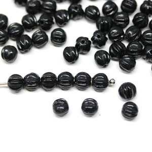 5mm Jet black round druk melon beads czech glass black carved spacer beads, 50Pc - 2372