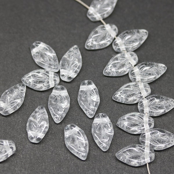 Crystal clear leaf beads, Clear czech glass pressed leaves, 10x6mm top drilled glass beads, 60Pc - 1222