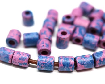 Purple Blue 6mm ceramic tube beads, Blue pink long lightweight greek beads for leather cord, 2mm hole, 40pc - 0336