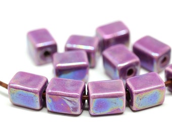 11x8mm Purple rectangle ceramic beads for leather cord, AB finish, 2mm hole, 6pc - 1036