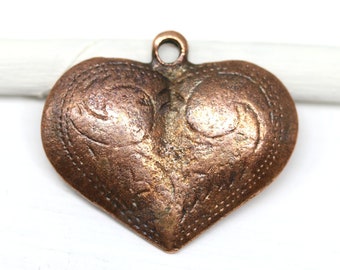 Large puffy heart pendant bead Antique copper heart charm Greek metal casting boho jewelry pendant 1pc - 1146
