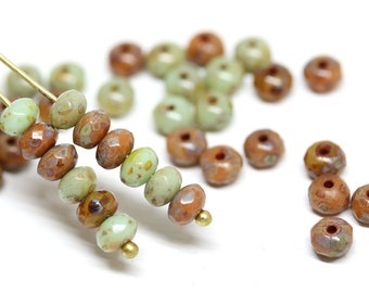 3x5mm Rustic light green brown Czech glass beads spacers, Picasso finish gemstone cut faceted rondels 40Pc - 2048