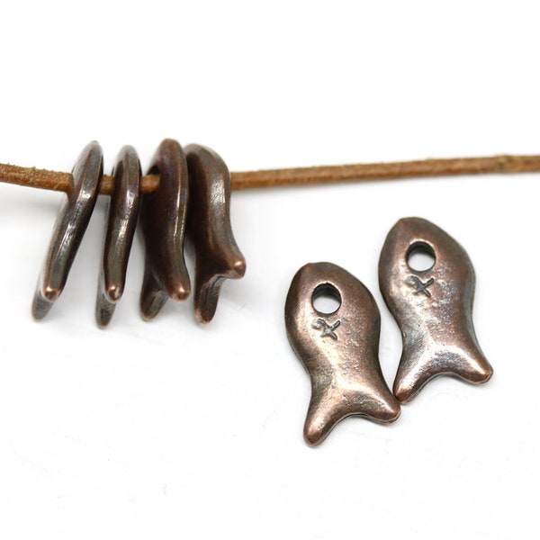 6pc Copper primitive small Fish charm beads, Greek copper top drilled charms, 14mm metal fish bead, nautical jewelry making - 1544