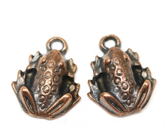 Copper frog charms, Antique copper frog beads, Greek metal casting toad charms, 2Pc - F546