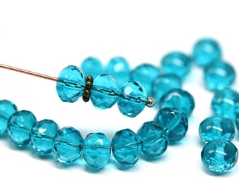 5x7mm Teal Czech glass rondelle spacers, fire polished rondel gemstone cut faceted beads 25pc - 1444