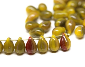 6x9mm Yellow red czech glass teardrop beads, Mixed color top drilled pressed drop beads, 40pc - 1808