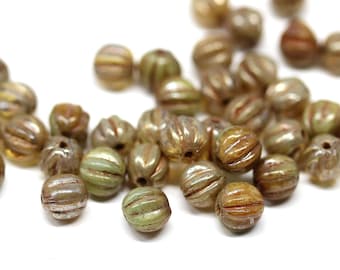 5mm druk round melon beads, Picasso czech glass spacers, Lustered beige brown green carved beads, 40Pc - 2543