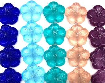 22mm Large flower bead Czech glass big five petal flowers blue pink purple teal yellow