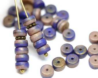 40pc Brown blue rondelle beads, 6x3mm pressed czech glass spacers, Dark blue rondels - 2879